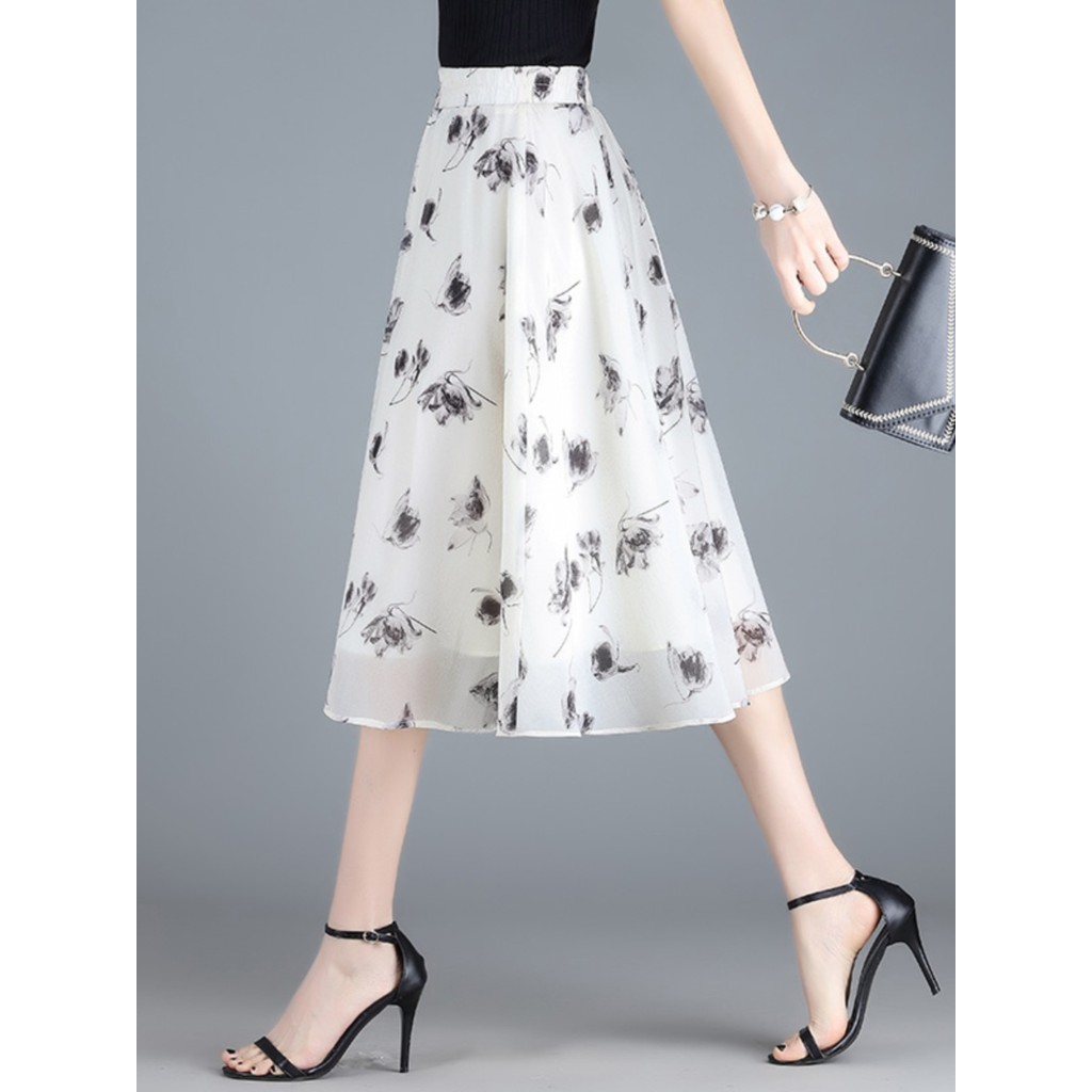 Estilo fino Chiffon saia pequena floral a linha guarda-chuva saia verão comprimento médio branco floral a linha guarda-c