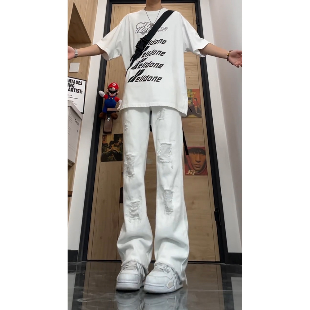 Calça Jeans rasgada americana cleanfit calça branca masculina outono alta estendida cintura alta calça reta