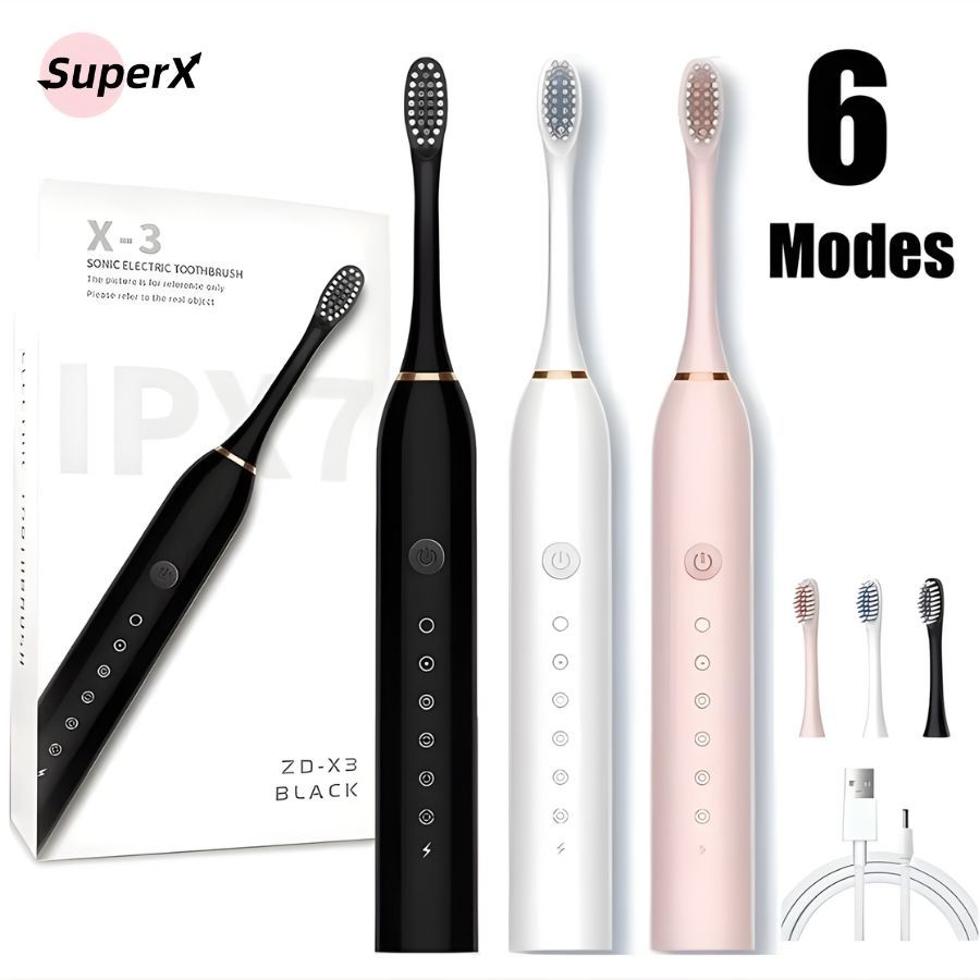 Kit Escova Elétrica Sônica Profissional 6 Modos | USB Recarregável | 4 Cabeças