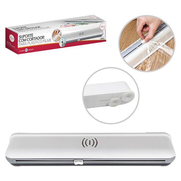 Suporte Porta Papel Filme Plástico Film Pvc E Alumínio Com Cortador Cozinha Trilho Cortante