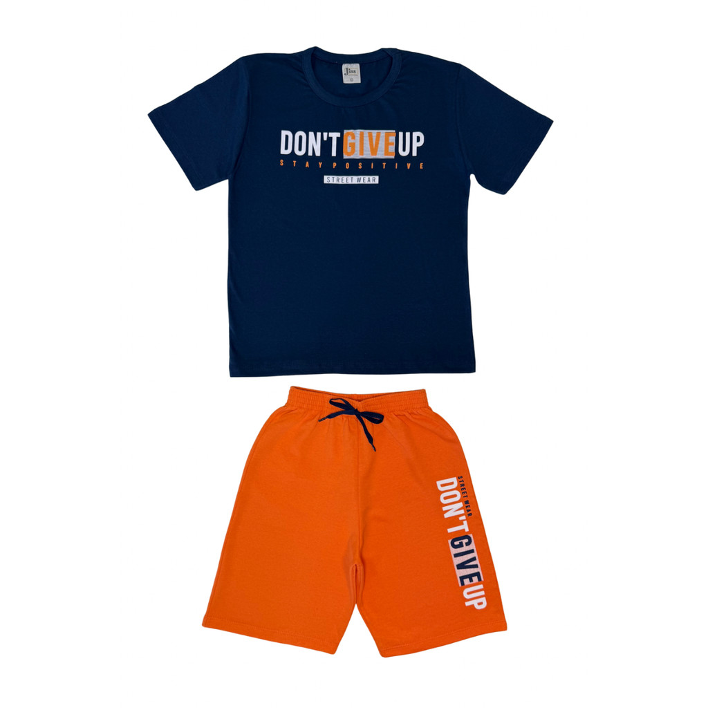 Conjunto Juvenil Masculino Meia Malha/Moletinho Marinho Com Laranja