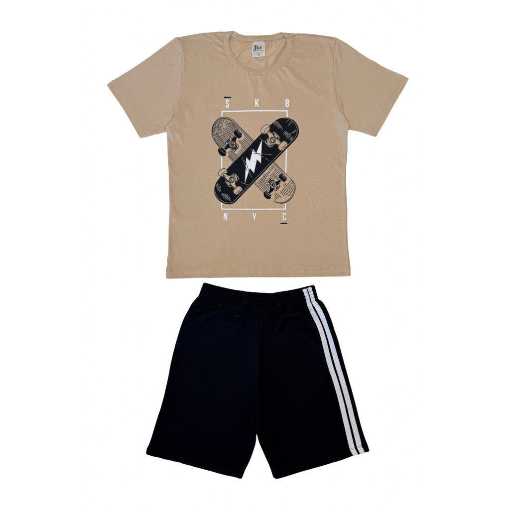 Conjunto Juvenil Masculino Meia Malha/Moletinho Bege Com Preto