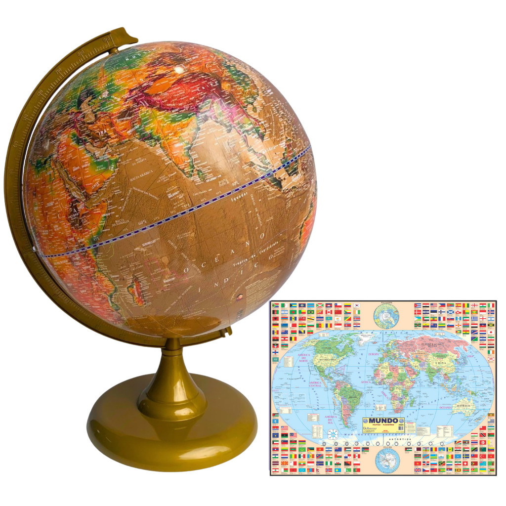 Globo Terrestre Físico/Histórico Satélite 30cm Diâmetro e 43cm Altura + Mapa Mundi Gigante