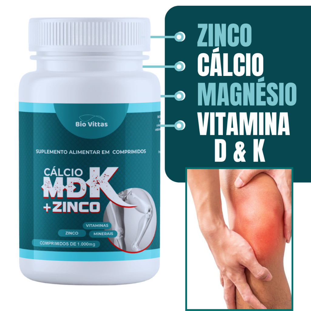 Magnésio + Vitamina K2 + D3  + Cálcio + Zinco - Suplemento 5 em 1 Junta, Articulação, Complexo Ósseo