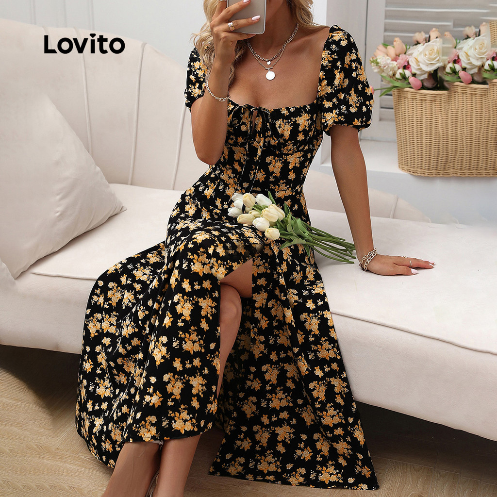 Detalhes do Lovito Vestido Boho com Abertura Frontal e Amarração Vestido Feminino para Primavera/Verão LBL30283
