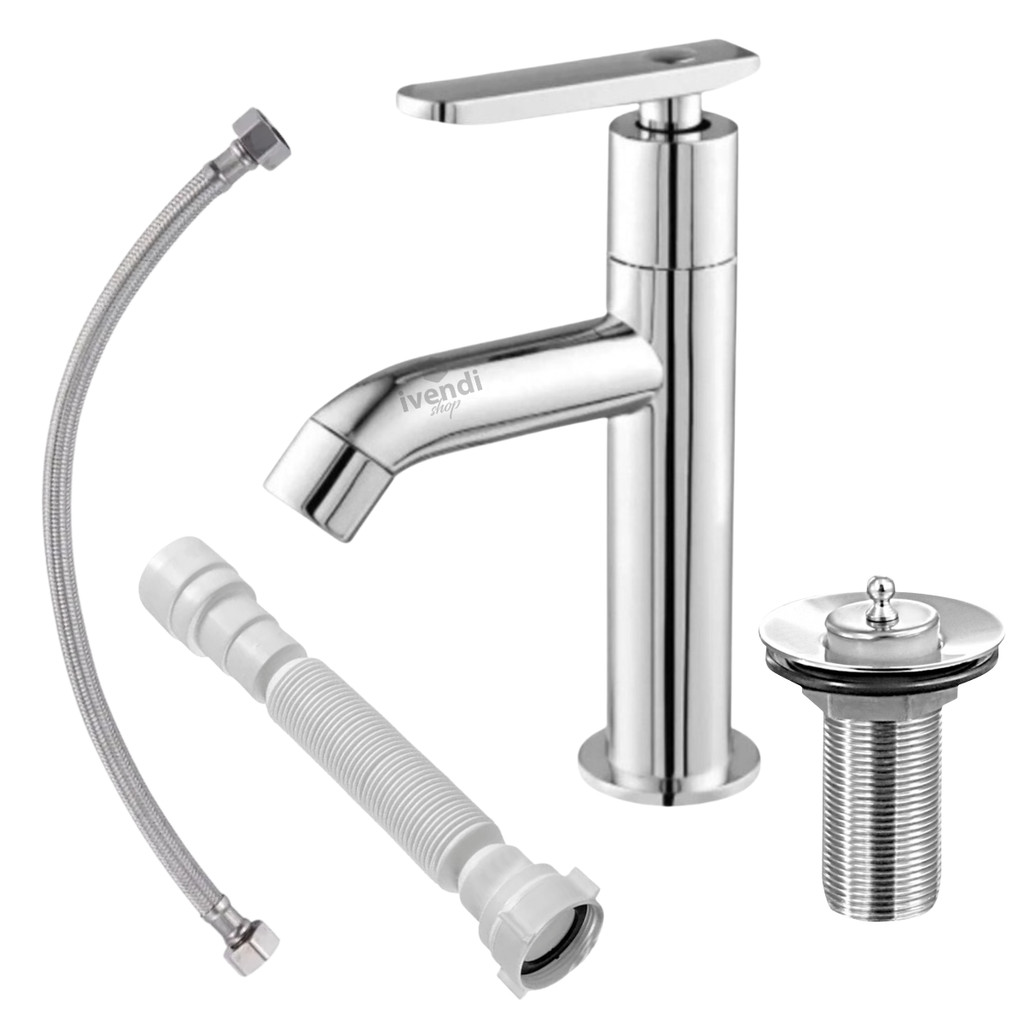 Kit Banheiro Torneira Moderna Alta + Valvula + Sifao + Engate Inox 60 Cor Prateado Completo em Oferta na Shopee