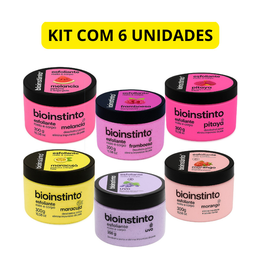 Kit 6 Esfoliante Corpo e Rosto Skin care Limpeza Profunda Fragrancias Sortidas Bio Instinto 300g