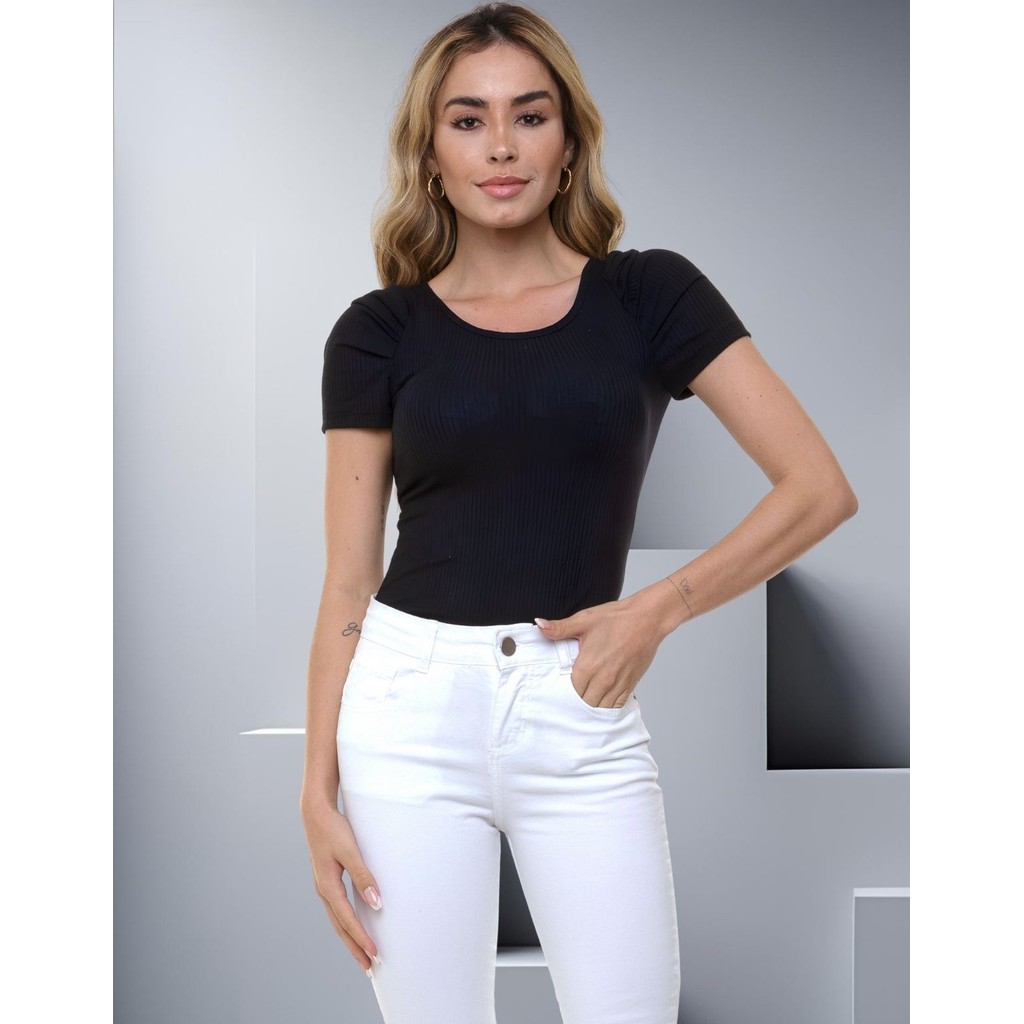 Body Canelado Manga Curta Princesa Bufante Blusinha Feminina Básica Modinha Casual Minimalista em Oferta na Shopee