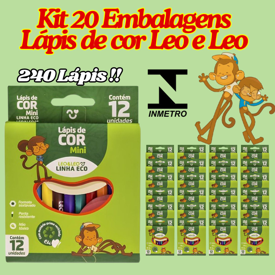 Kit 20 Embalagens Mini Lápis de Cor Leo&Leo 240 Lápis Linha Eco Escolar Para Colorir Papelaria