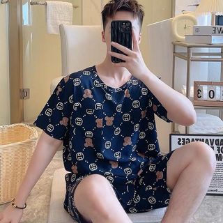 Conjunto de pijamas de cabeça de urso masculino de verão, Shorts de manga curta, pode usar fora, estilo fino, meia-idade