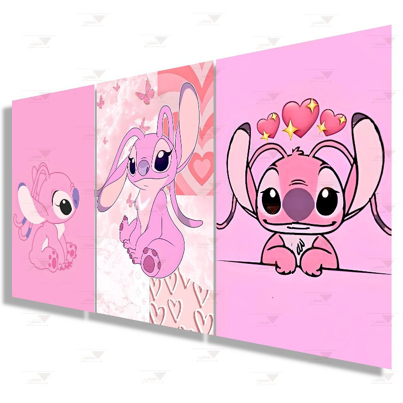 Angel Kit 3 Quadros Decorativos Lilo & Stitch Alienígena Azul Rosa Animação Excelente Qualidade