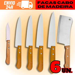 KIT 5 Facas + 1 Cutelo Com Cabo De Madeira Envio Rápido