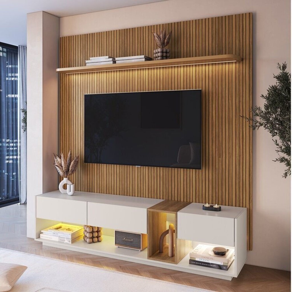 Rack com Painel Ripado para Tv até 75 Polegadas Liverpool Ra8001 com Led e Impressão Ripada 3d Mel/Arenas em Oferta na Shopee