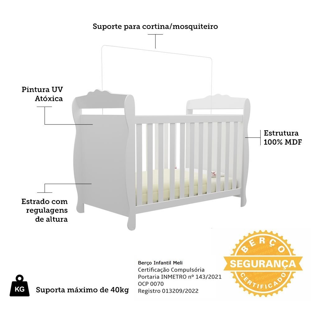 Detalhes do Berço Mini Cama 3 em 1 Americano 100% MDF Cocada Branco Brilho