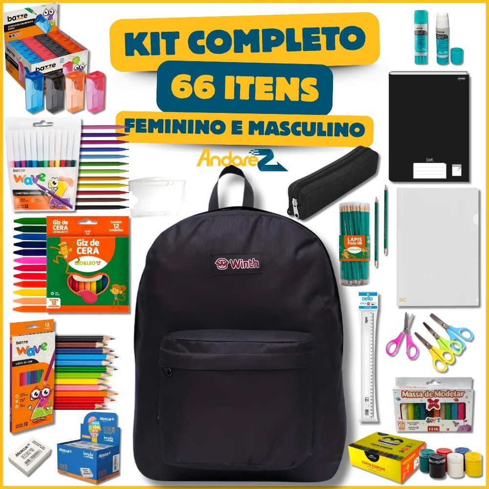 Kit material escolar completo com/sem mochila 66 ITENS educação infantil mochila masculino feminino