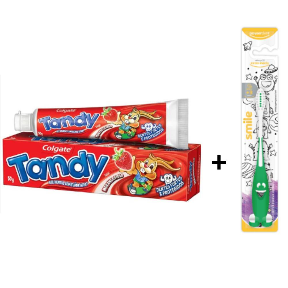 Escova de dentes Smile c/ ventosa extra macia Powerdent + Pasta Gel dental Infantil COM fluor Tandy em Oferta na Shopee