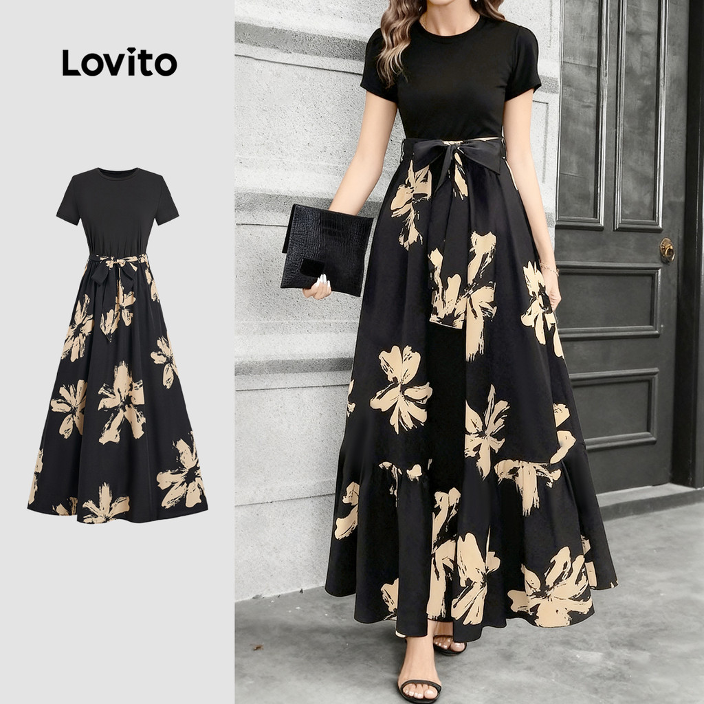 Lovito Vestido Elegante Estilo Resort Casual Tecido Costurado Primavera/verão Preto Para Mulheres L157LD202