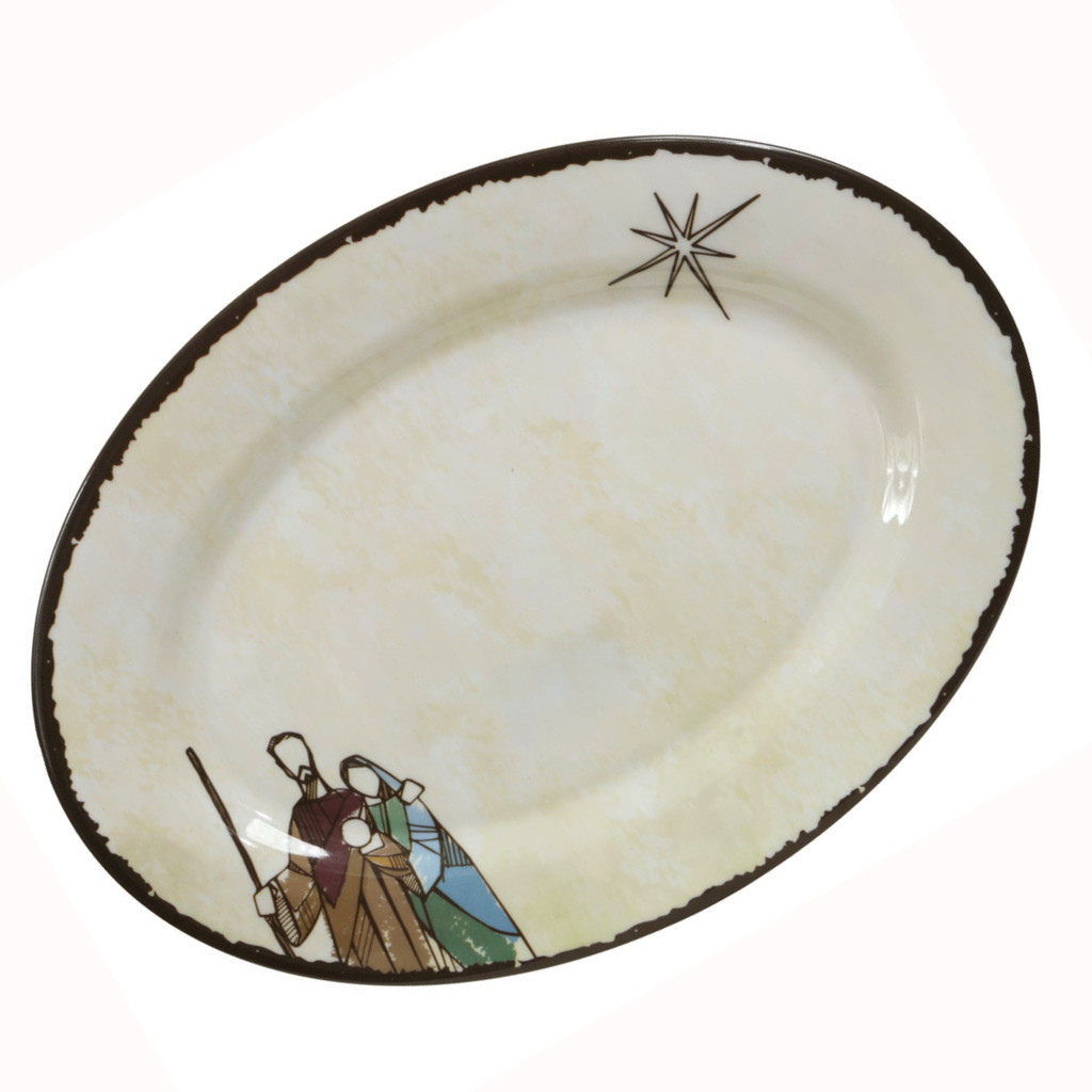 Travessa Natal Oval Sagrada Família Melamina Bege 35x25cm Bandeja Travessa Petisqueira Mesa Posta
