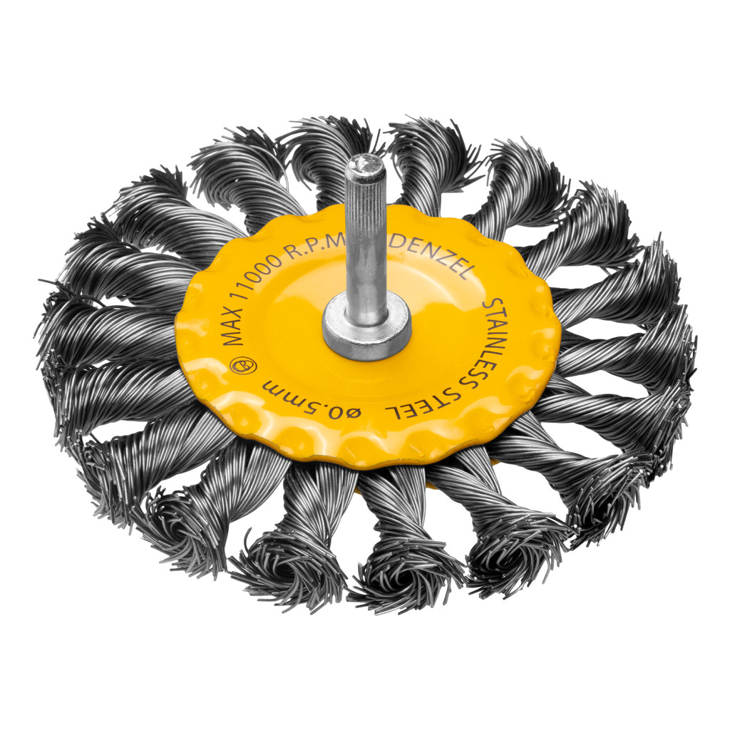 ESCOVA CIRCULAR 100 MM, COM HASTE DE 1/4 6 MM, FIOS TORCIDOS INOX DE 0,5 MM//DENZEL