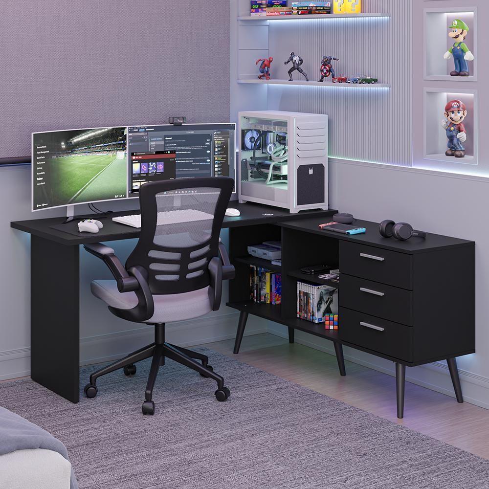 Mesa Para Computador Gamer Em L 3 Gavetas Preto Lisboa Madesa Preto