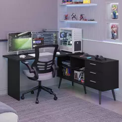 Mesa Para Computador Gamer Em L 3 Gavetas Preto Lisboa Madesa Preto