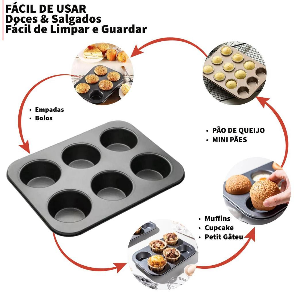 Forma Cupcake 12 Cavidades Antiaderente Teflon Pão de Queijo Empadas Muffins Assadeira 6 Cavidades