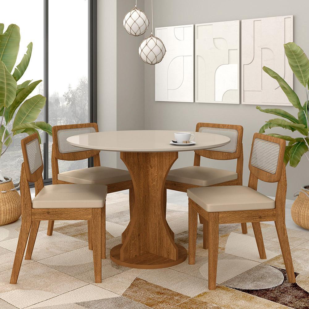 Mesa Linares Com 4 Cadeiras Sextavada Freijó/off/corino Bege - M.a em Oferta na Shopee