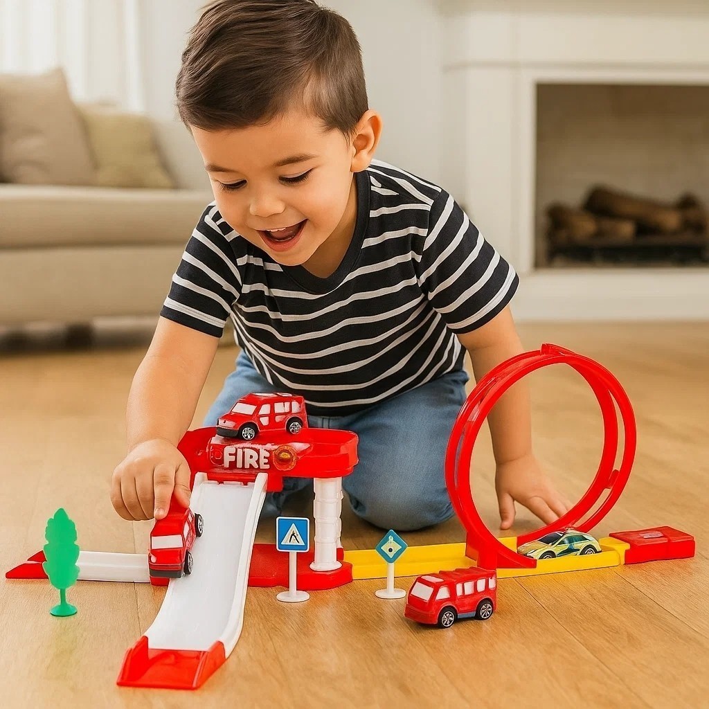 Brinquedo Pista Bombeiro Presente Veículo Lança Ambulância Estacionamento 3 Carrinhos Criança