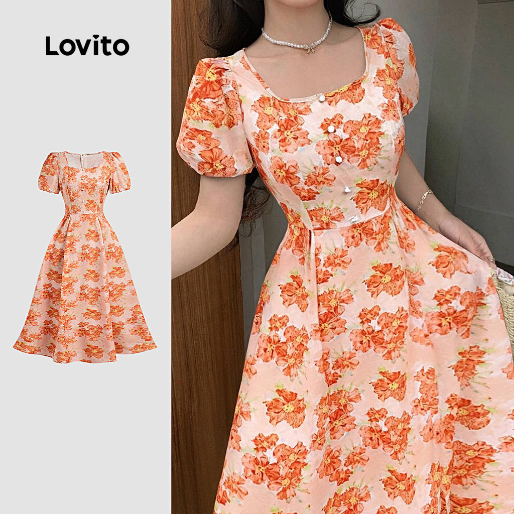 Lovito Vestido Elegante Botão Frontal Estruturado Linha Primavera/verão Vestido Laranja L142LD292