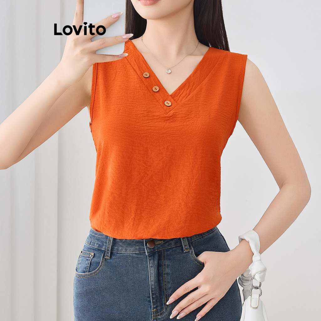 Lovito Blusa Casual Lisa Com Botões E Roupa De Praia De Verão Para Mulheres L120LD1049 em Oferta na Shopee