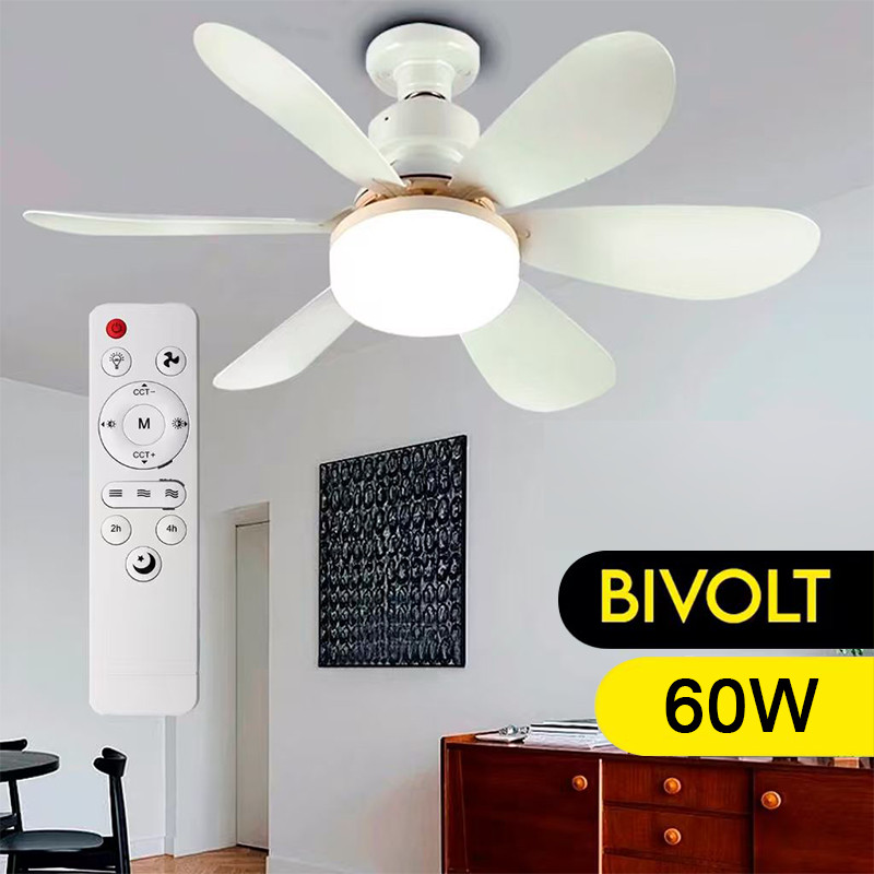 Ventilador de Teto com Luz LED Integrada – 60W, 6 Pás, Silencioso, Branco, com Controle Remoto em Oferta na Shopee