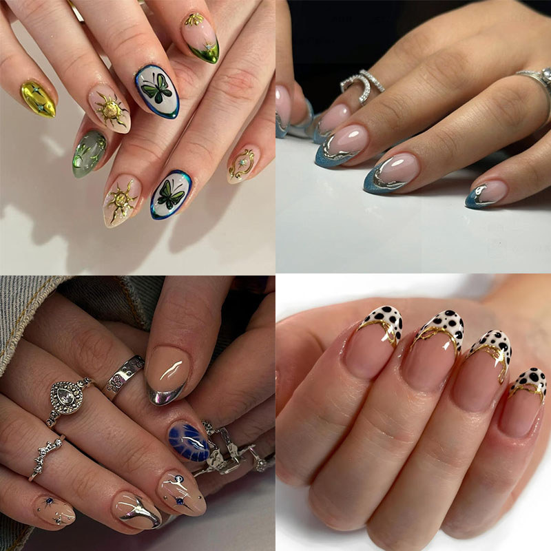 unha postiça amendoada francesinha Curta Com Cola unha redonda Ovais unha postiça realista press on nails em Oferta na Shopee