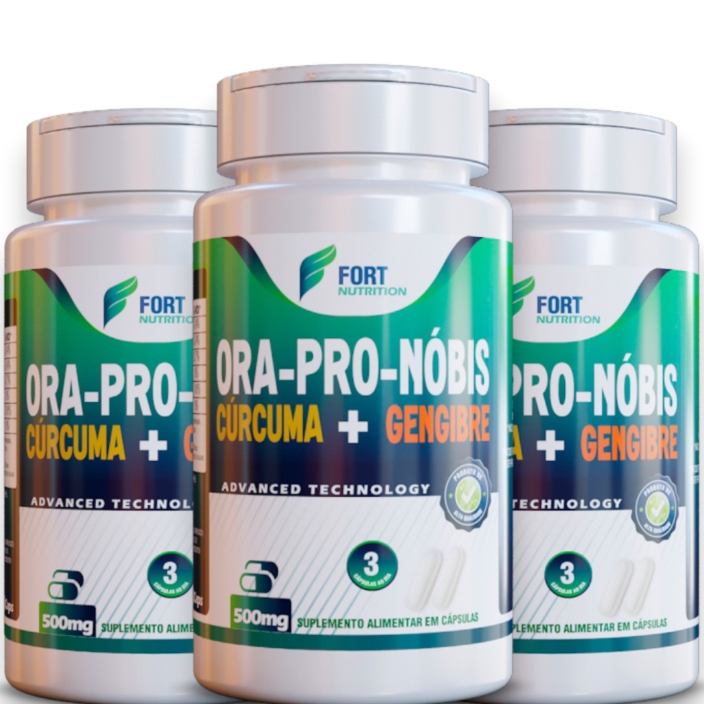 KIT 3 POTES Suplemento natural de açafrão-da-terra, gengibre e proteína vegana em cápsulas