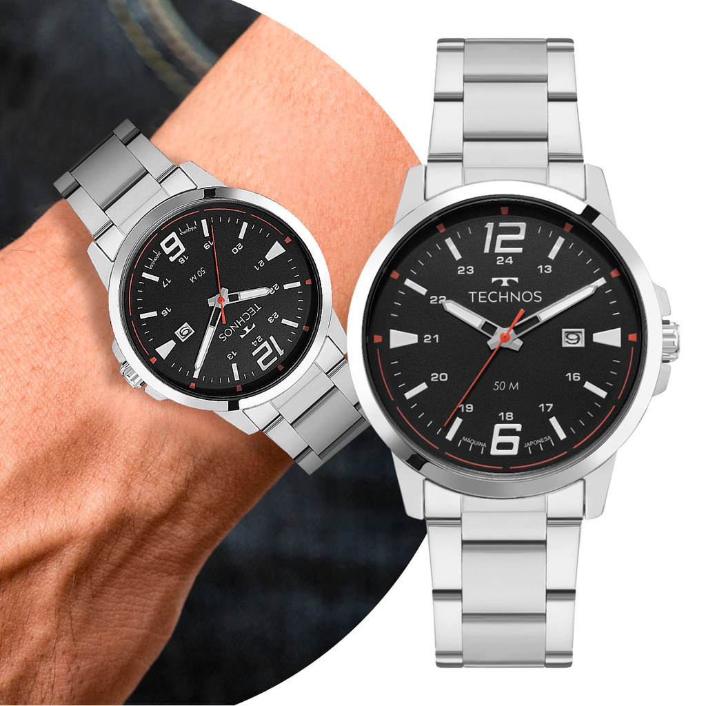 Relógio Masculino Prata e Preto Caixa e Pulseira de Aço Inoxidável à prova D' Água Luxo Elegante Casual Technos Original