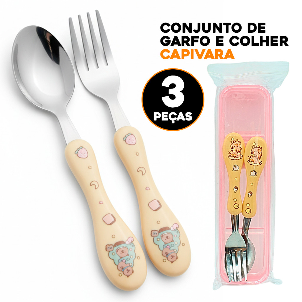 Kit Talher Infantil Garfo Colher Inox Capivara Com Estojo Portatil em Oferta na Shopee