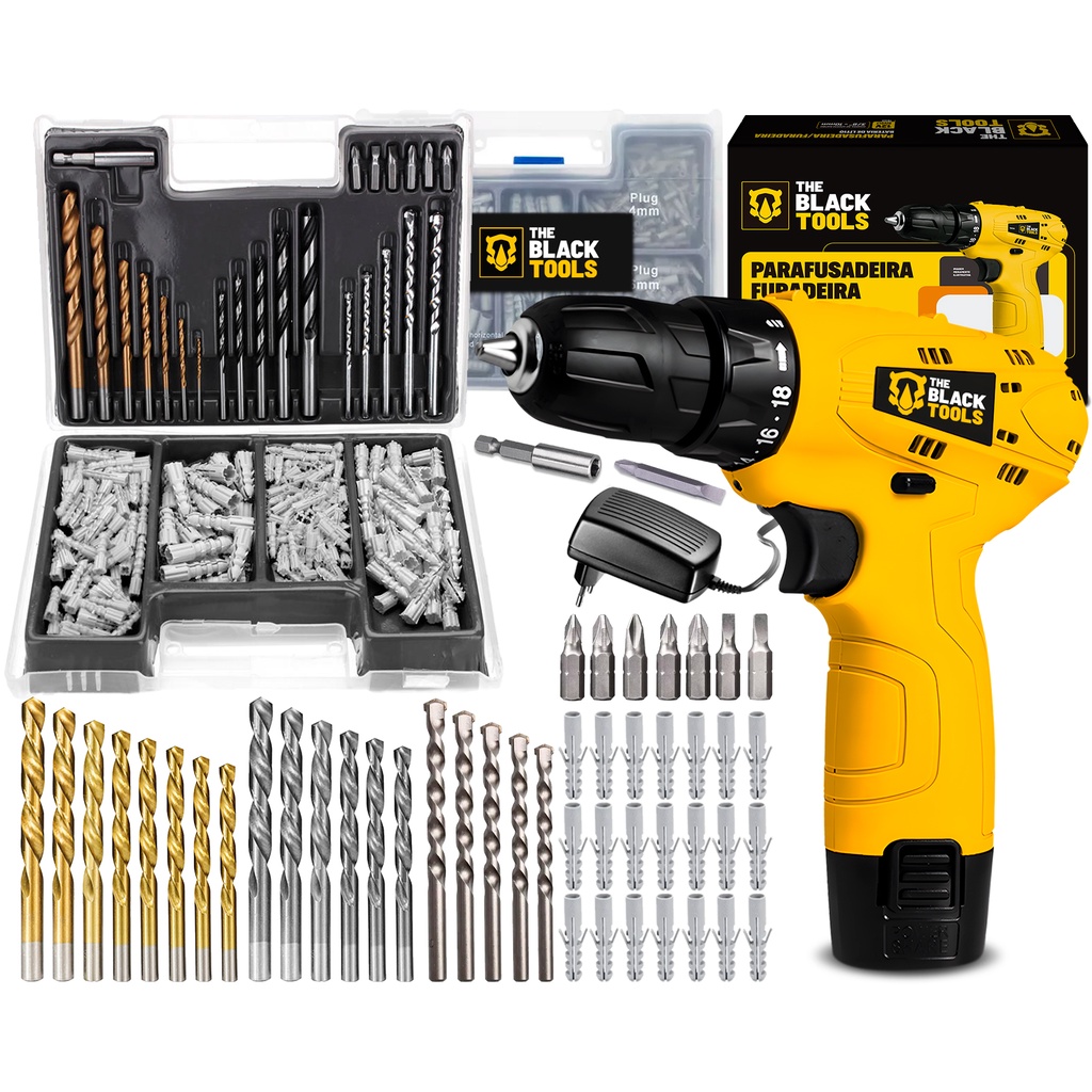 Furadeira Parafusadeira Bateria + Jogo Ferramentas 300 Peças em Oferta na Shopee