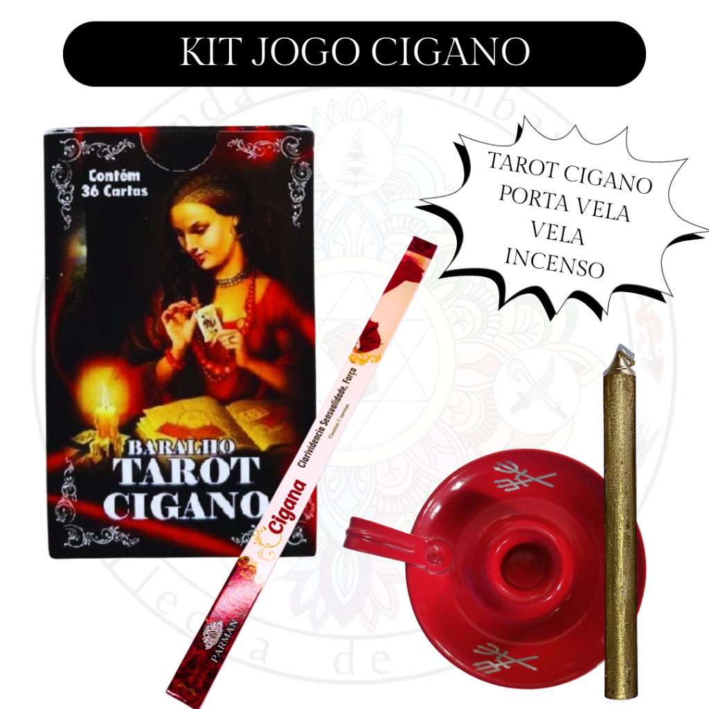 Kit Completo Jogo Cigano com 1 Baralho Tarot Cigano 1 Castiçal 1 Vela 1 Incenso 1 Porta Incenso 1 Aromatizador