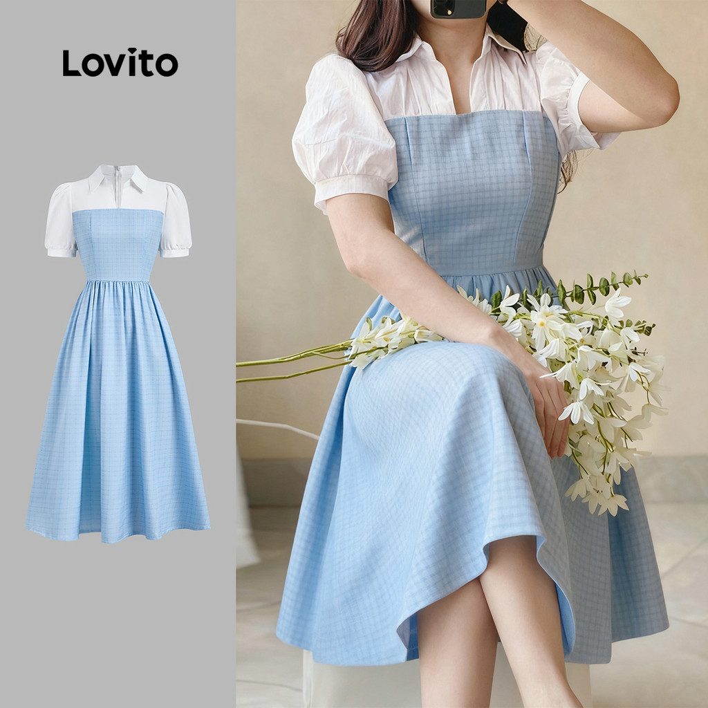 Lovito Vestido Casual de Cores em Blocos de Cores Primavera/verão Azul para mulheres L158AD176 em Oferta na Shopee