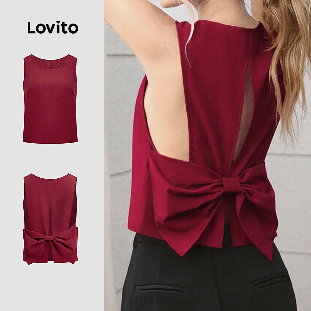 Lovito Blusa Casual com Laço No Peito Aberta Nas Costas Primavera/verão Top Claret para Mulheres L157ED1110 em Oferta na Shopee