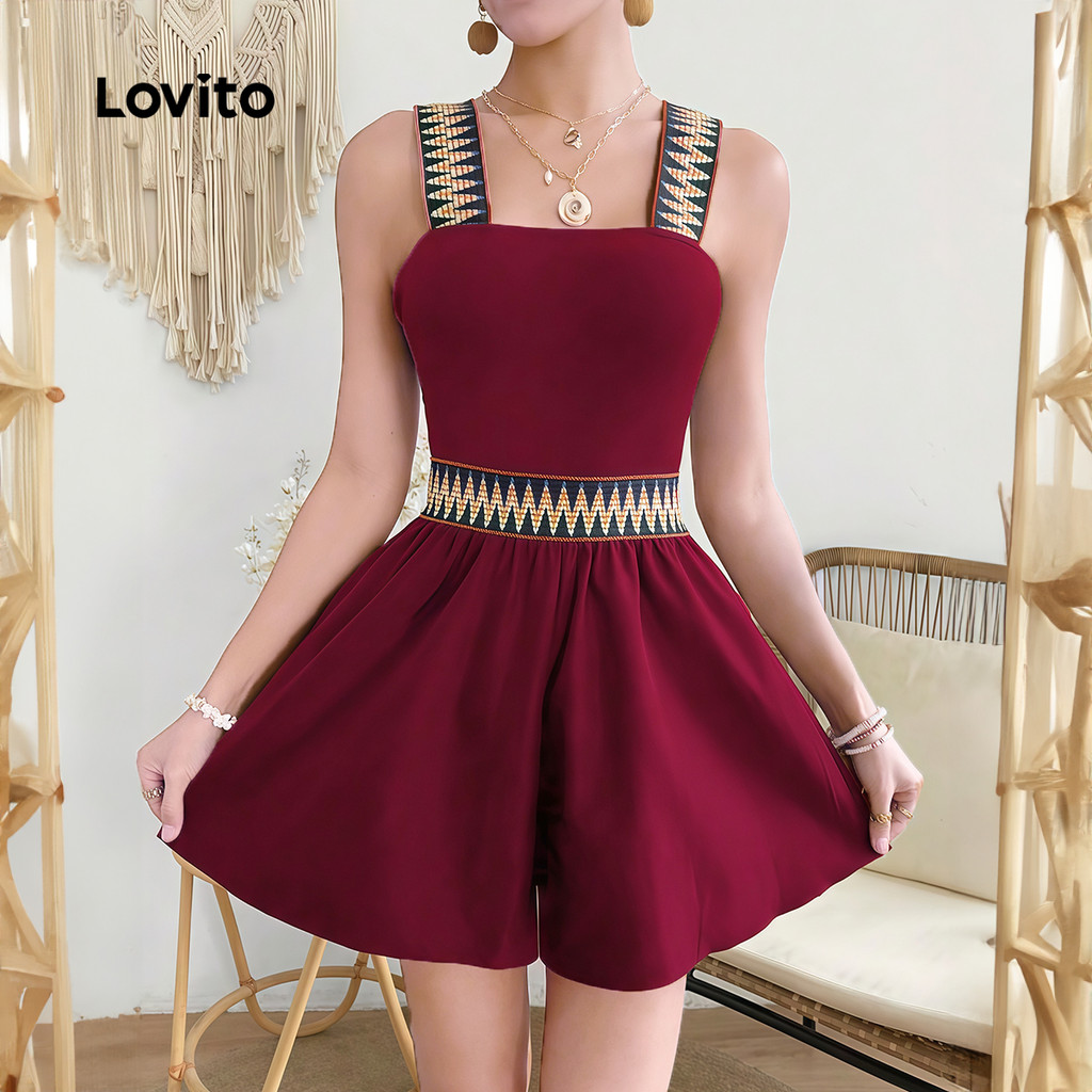 Lovito Macacão Casual Vermelho Fita Contrastante Evangélica Estilo Nacional Primavera/verão Cor Vinho Mulheres L157ED096 em Oferta na Shopee