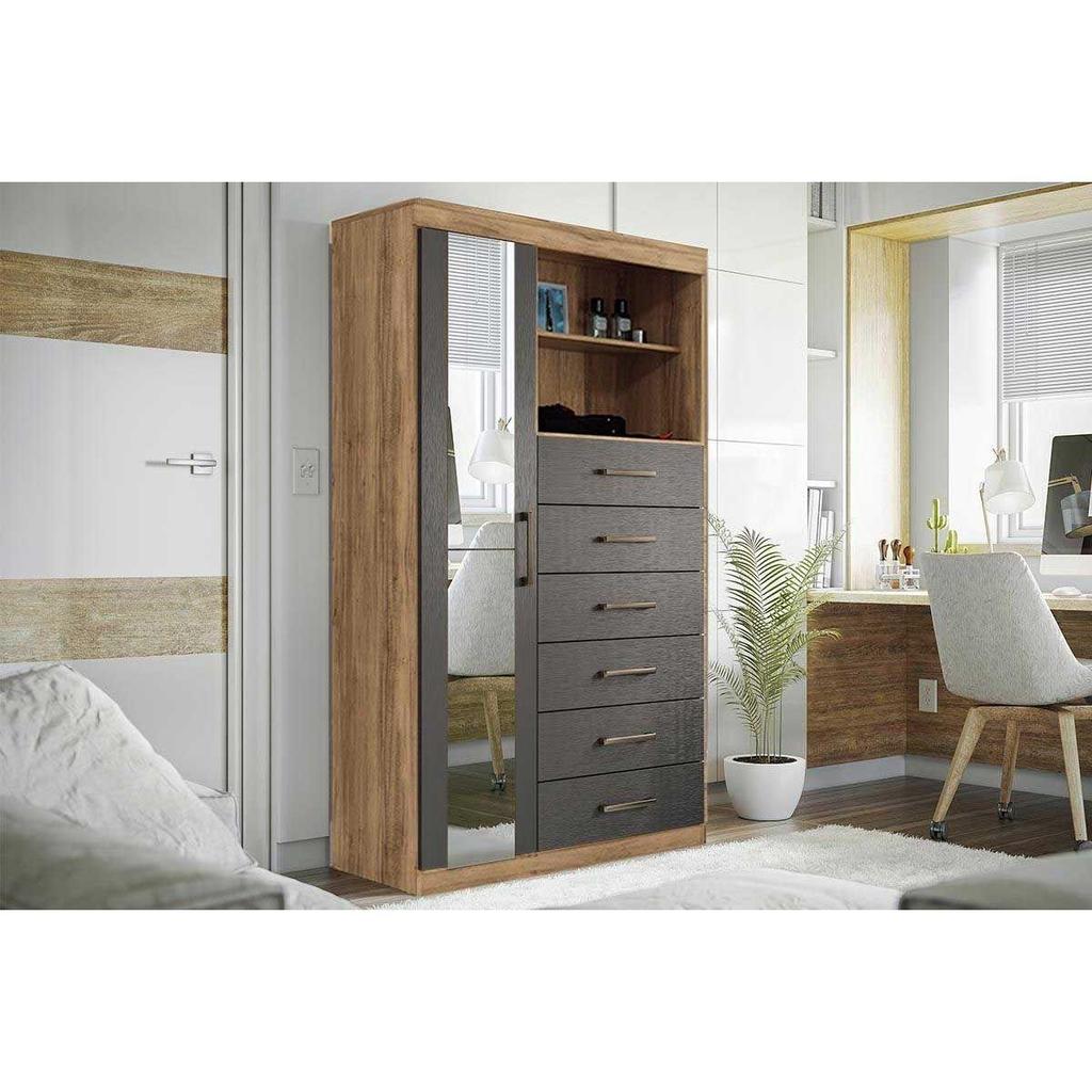 Cômoda de Quarto Marabá 1.6 c/ 1 Porta 2 Nichos e 6 Gavetas c/ Espelho Atacama/Grafitte - Santos Andirá em Oferta na Shopee