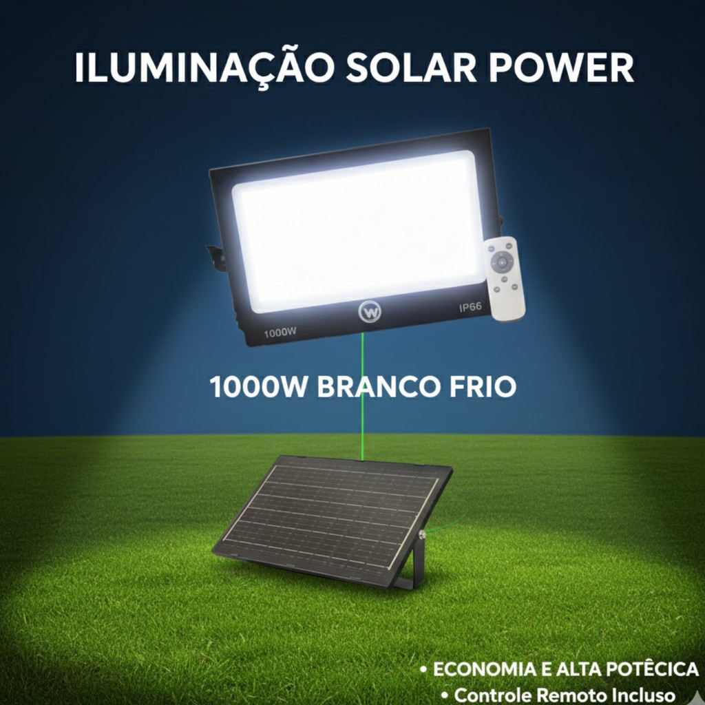 Refletor Solar A Prova D'Água 1000W Branco Frio Placa Solar Carrega Celular TIPO C e USB Luz Potente Iluminação Externa