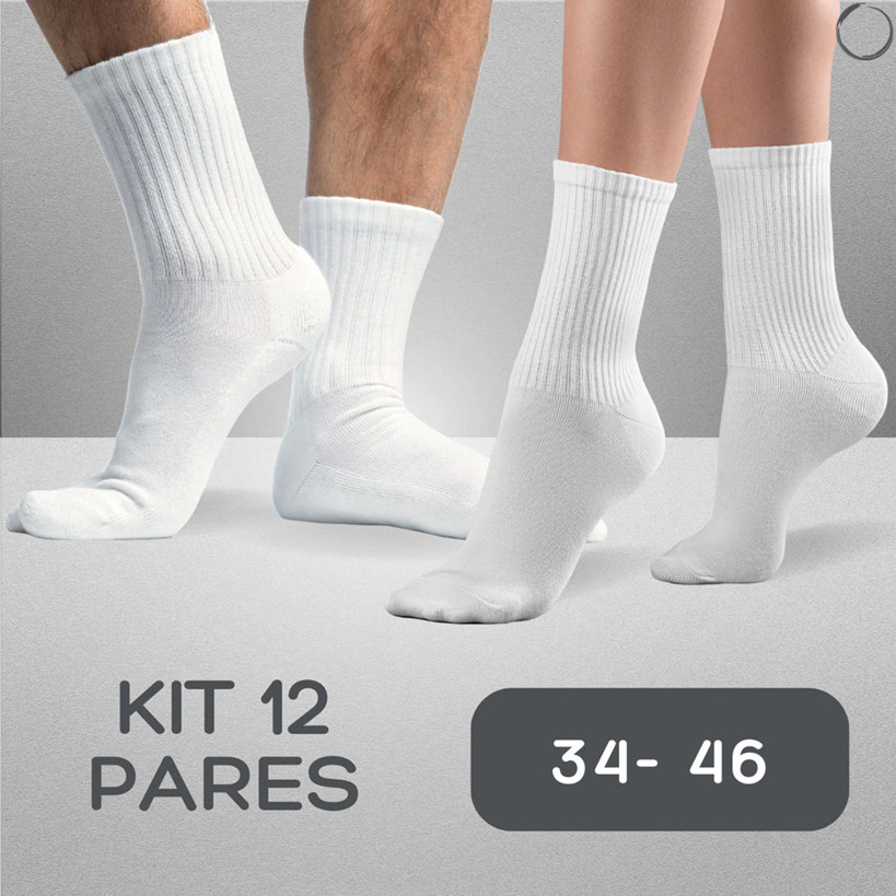 Kit Até 12 Pares Meias Branca  Esportiva Lisa Meia Cano Alto Unissex para o dia a dia e Esportes