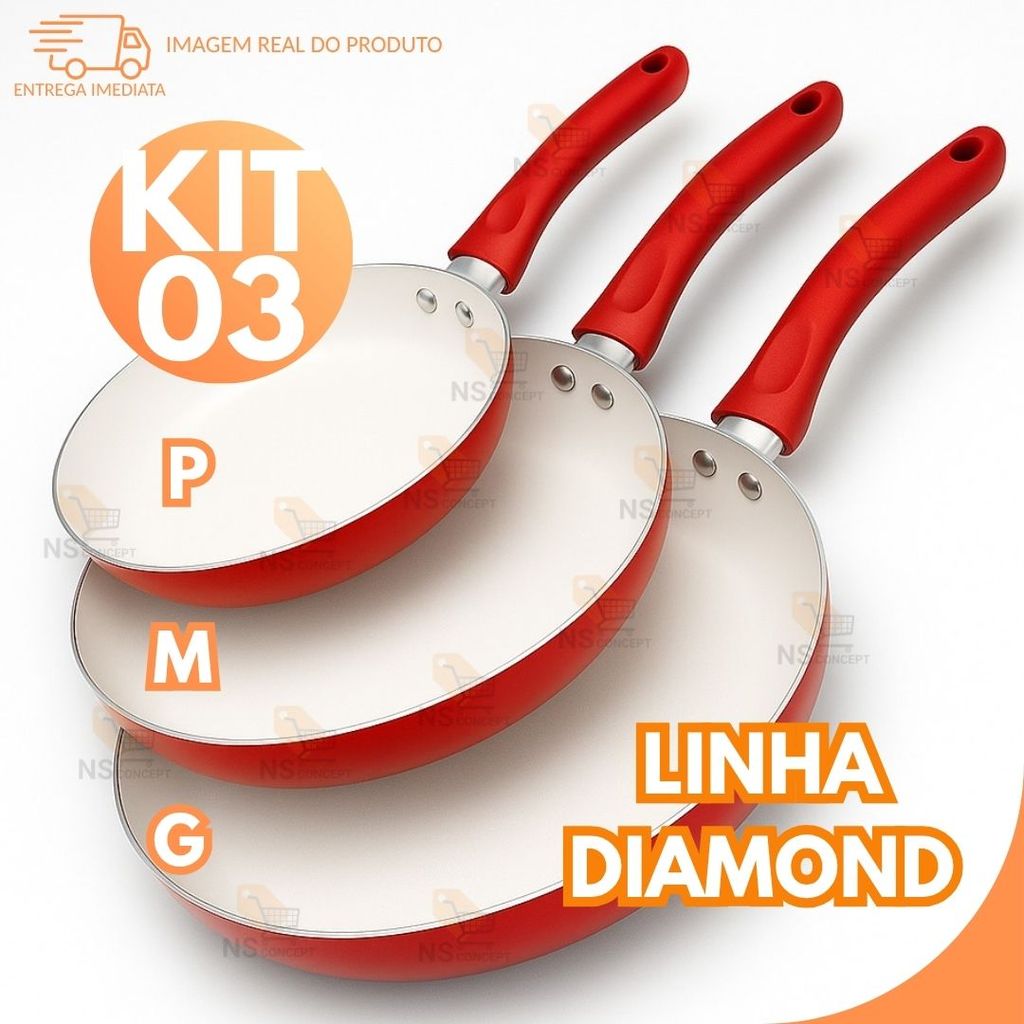 Conjunto 3 Frigideiras Antiaderente Grande Cerâmica Não Gruda, Dieta, Não Vai Óleo Utensilio Domestico Qualidade Premium