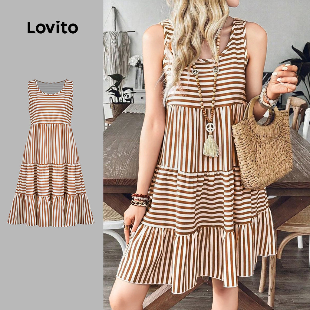 Lovito Vestido Boho Estilo Resort De Férias Tecido Costurado Vestido Primavera/verão Para Mulheres LBL30199