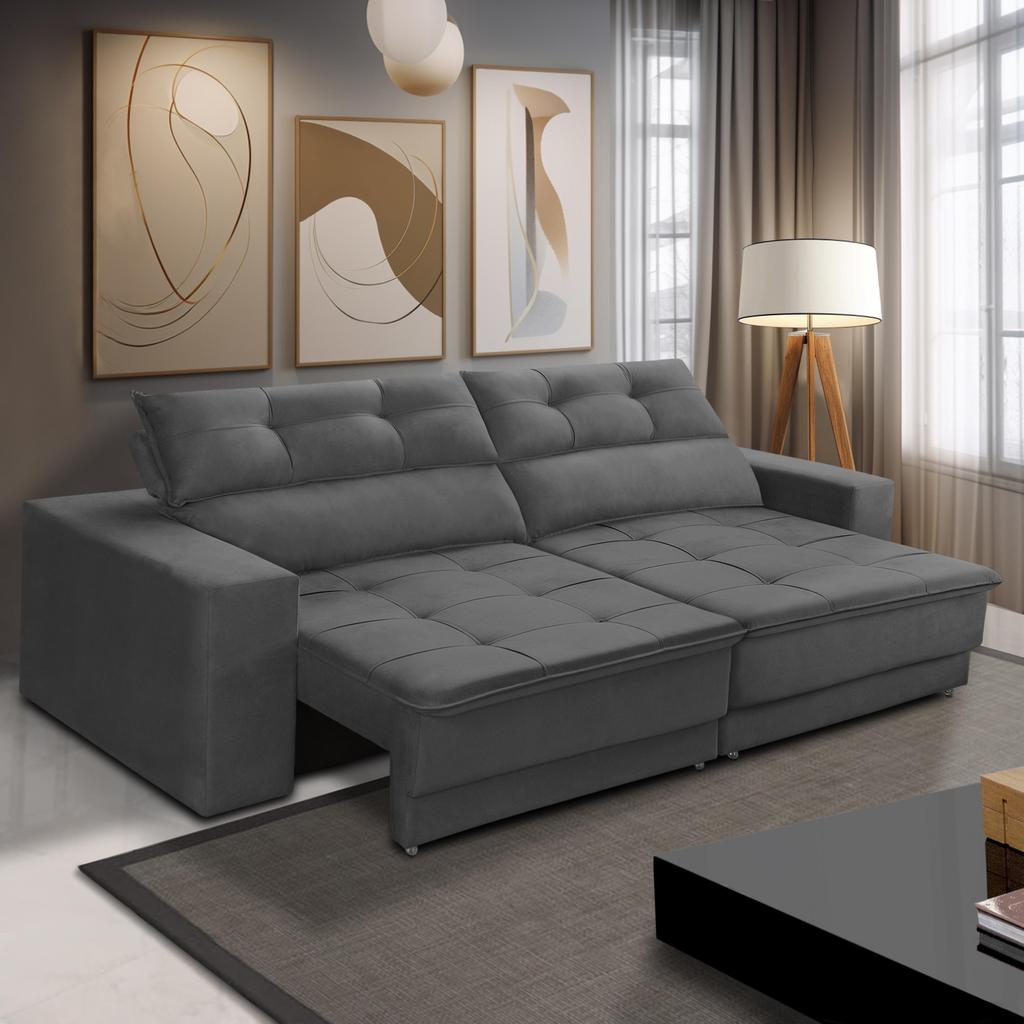 Sofá Retrátil e Reclinável 3 lugares 2,10m com Molas Emily Suede Cinza Adonai Estofados em Oferta na Shopee