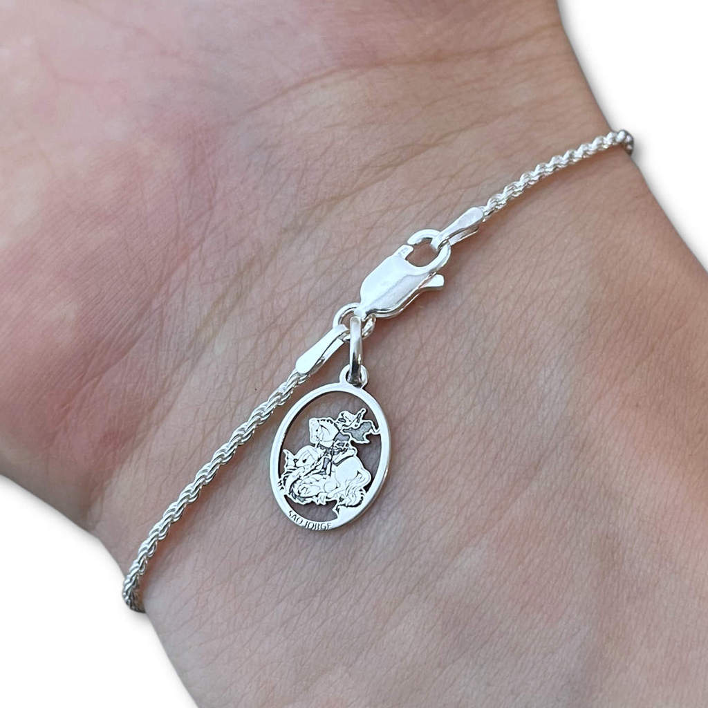 Pulseira Feminina Cordão Baiano com Pingente Medalha São Jorge Prata 925 Legítima Maciça Original