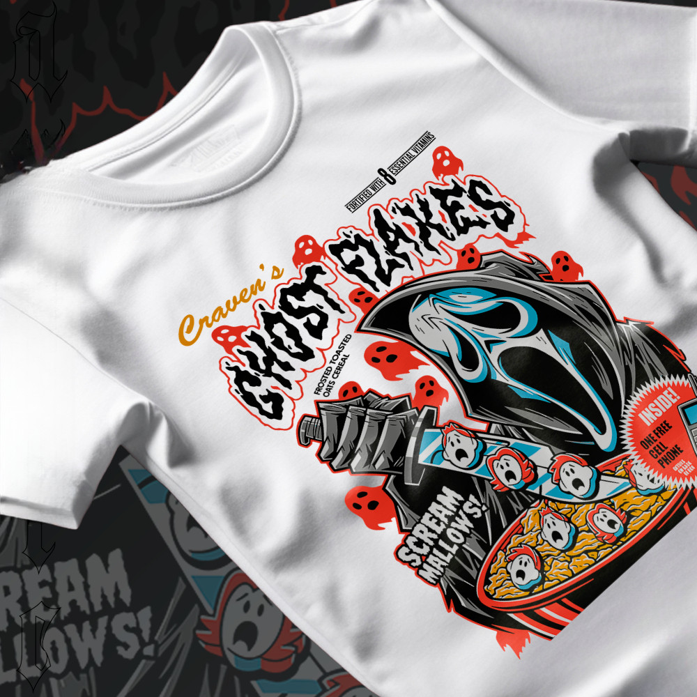 Camiseta Premium em Algodão Puro]SISI Camiseta Ghost Flakes Scream Mallows Panico Inside Movie Halloween Cartoon Unissex