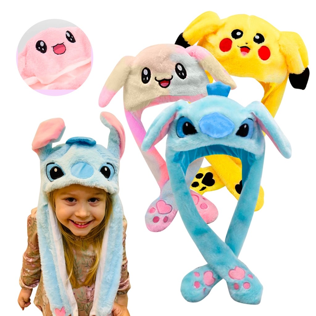 Touca Levanta orelha Gorro SEM LED Pelucia Brinquedo Anime Lilo Stitch Picachu Pokémon
