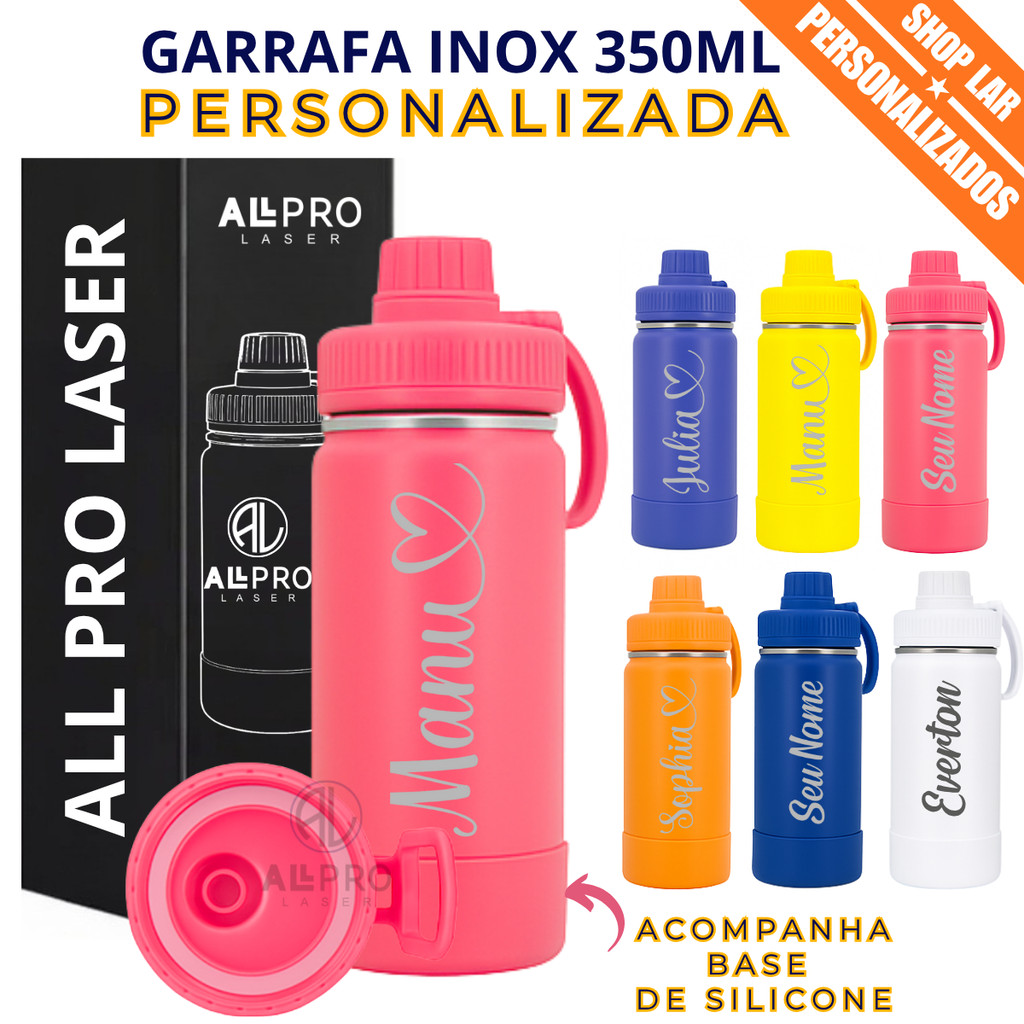 Garrafa Térmica Infantil 350ml Inox + Base Silicone Personalizada a Laser Logo Nome em Oferta na Shopee